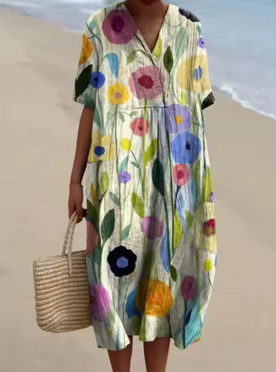 Weiches Leinenkleid mit verschiedenen Blumenmotiven
