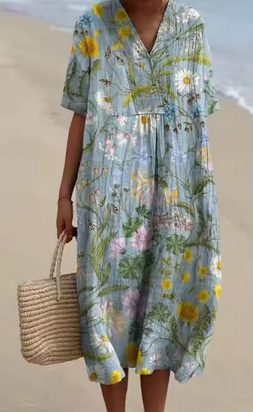 Weiches Leinenkleid mit verschiedenen Blumenmotiven