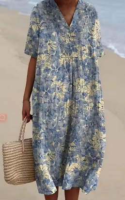Weiches Leinenkleid mit verschiedenen Blumenmotiven