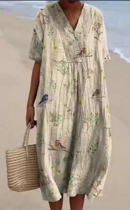 Weiches Leinenkleid mit verschiedenen Blumenmotiven