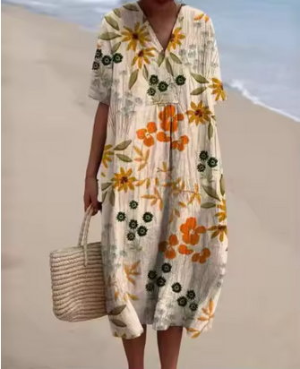 Weiches Leinenkleid mit verschiedenen Blumenmotiven