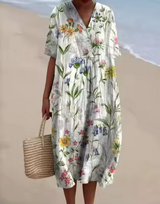 Weiches Leinenkleid mit verschiedenen Blumenmotiven