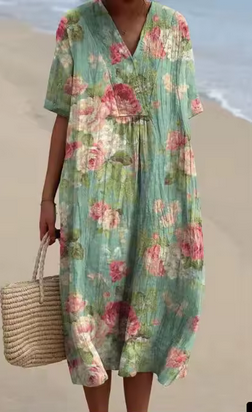 Weiches Leinenkleid mit verschiedenen Blumenmotiven